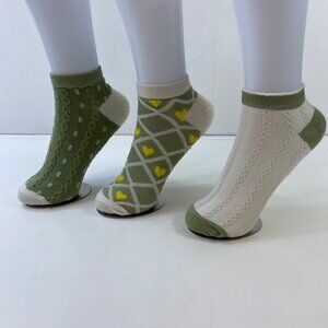 Womens Knit Pattern Ankle Socks 3-Pack Hearts Dots Green Cream Yellow